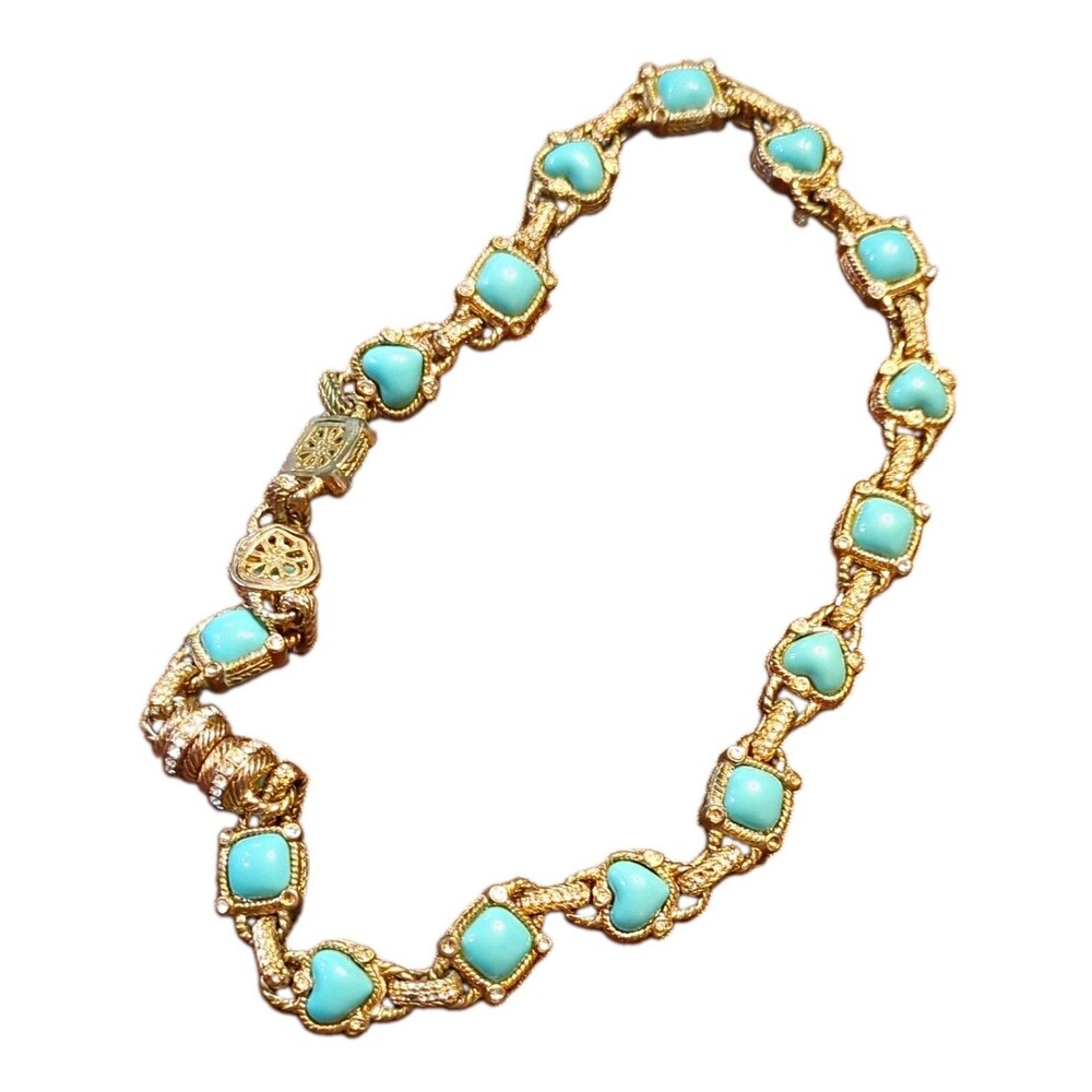 Gold Tone Chain Necklace Heart Turquoise Bezel Set Love Charm Link
